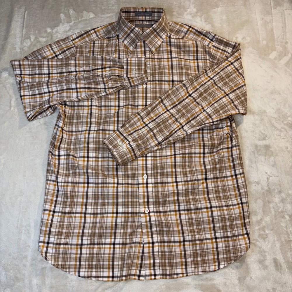 Daniel Cremieux Signature Collection Mens Brown Gold Plaid Button Down Shirt M